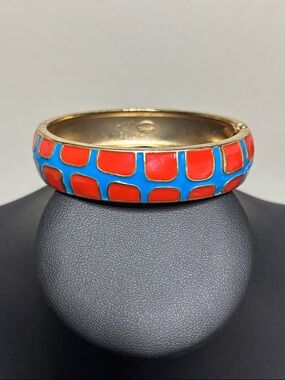 Fornash Gold Tone Clamper Bangle Bracelet Blue And Red Enamel Design